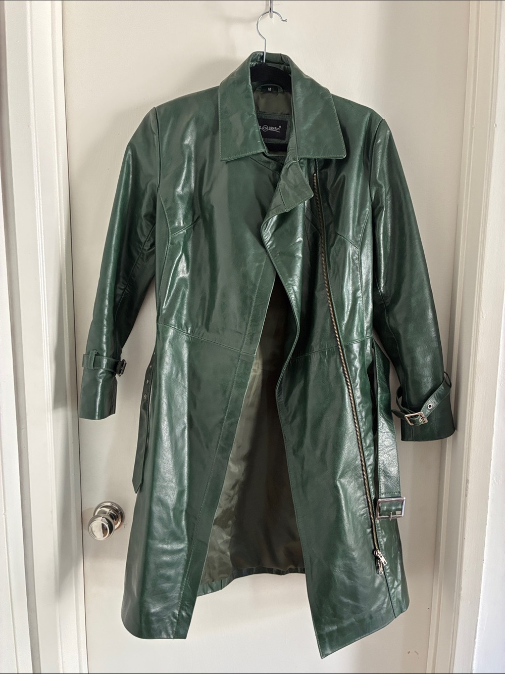 Carrie Hoxton Leather Trench Coat - Dark Green size small